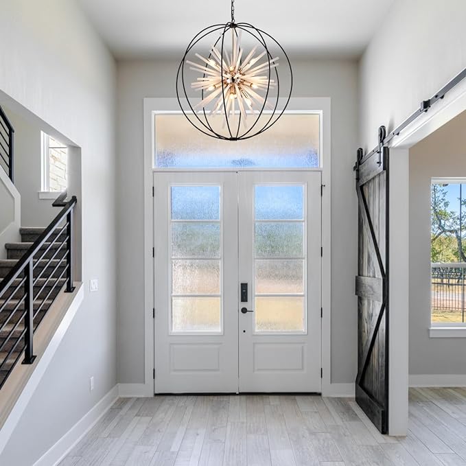 31.5" Black Gold 16-Light Globe Sputnik Chandelier Modern Industrial Adjustable Hanging Ceiling Pendant Light Fixture for Entryway Foyer Stairway Dining Living Room Hallway-CasaMuseHome