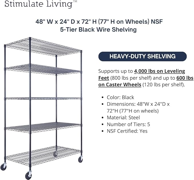 48"x24"x72" Prime Heavy Duty Black 5-Tier Steel Wire Shelving NSF 4000 LBS MAX Capacity Storage Rack for Commercial, School, Home, Garage, Warehouse, Industrial, and Hospital Uses (with Wheels)-CasaMuseHome