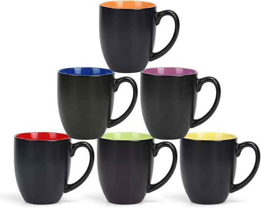 16 OZ Stoneware Coffee Mug Set of 6, Black Ceramic Mug with Different Color Inside, Colorful Porcelain Mug with Handle for Latte Espresso Cappuccino-CasaMuseHome