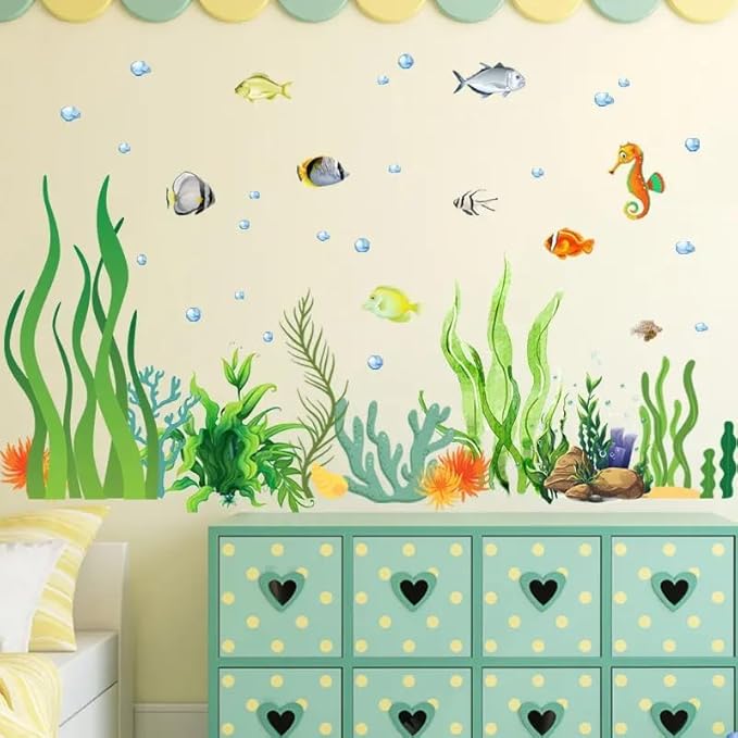 2 Sheets of 12x36 Inch Spring Summer Window Cling Sticker Fish, Plants, Aquatic Theme Window Stickers, Spring and Summer Decor, Home, Shop, Party Window, Glass, Wall Display Stickers (Aquatic Theme)-CasaMuseHome