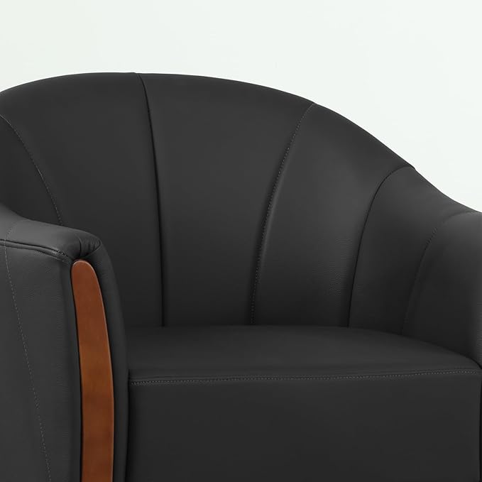 360° Swivel Accent Chair, Modern Leather Barrel Club Chair with PU Leather Upholstery and Sturdy Wood Base, Comfortable Armchair for Living Room, Bedroom, Reading Nook, Black-CasaMuseHome