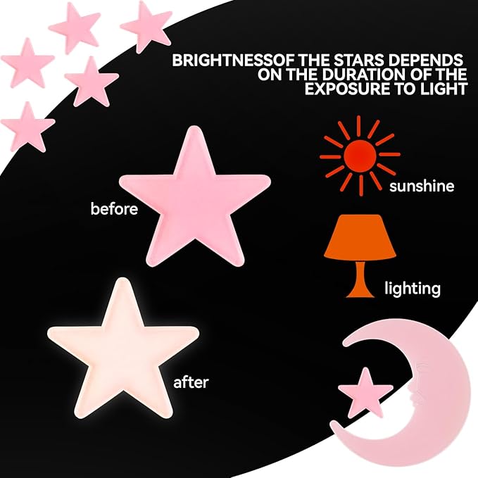 100 Stars and 1 Moon Glow in The Dark Luminous Fluorescent 3D Plastic Glow Stars Moon for Ceiling, Glowing Wall Stickers Create a Realistic Starry Sky, Room Decorations (Pink)-CasaMuseHome