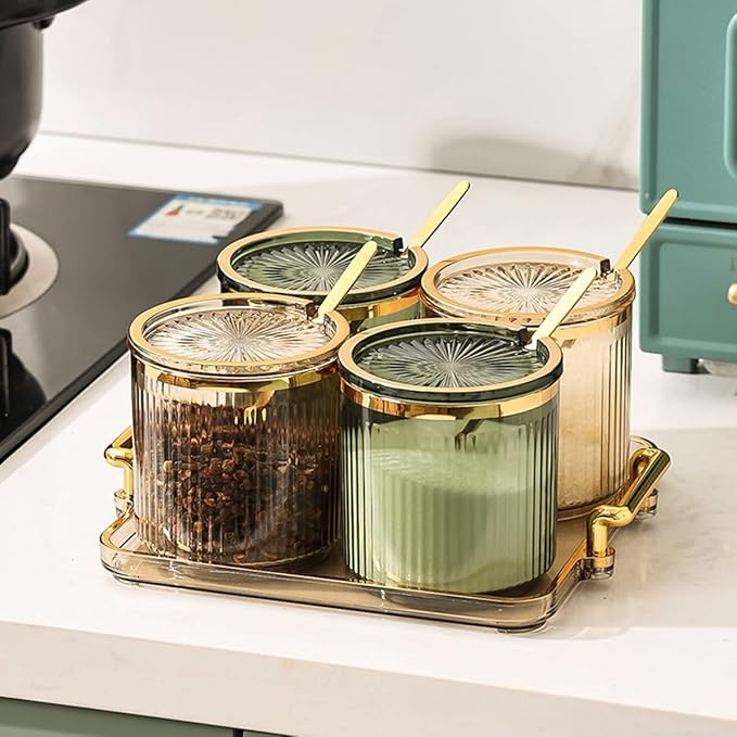 Acrylic Condiment Spice Jars,Condiment Spice Box With Lids and Spoons and Tray,Clear Plastic Condiment Canisters,Seasoning Box 4 Pack,Seasoning Box Set for Kitchen to Storage Salt,Paprika,Sugar-CasaMuseHome