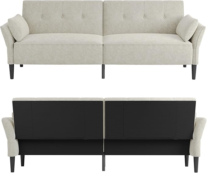 89” Futon Sofa Bed, Comfy Futon Couch Bed with 2 Square Pillows, Convertible Sleeper Sofa with Adjustable Backrest& Armrests, Modern Loveseat Sleeper for Living Room, Bedroom, White-CasaMuseHome
