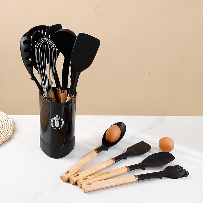 13-Piece silicone utensil set wood handle nonstick cookware safe dishwasher safe kitchen tools BPA free heat resistant (450°F/230°C) ceramic pan safe cooking gifts housewarming (Black)-CasaMuseHome