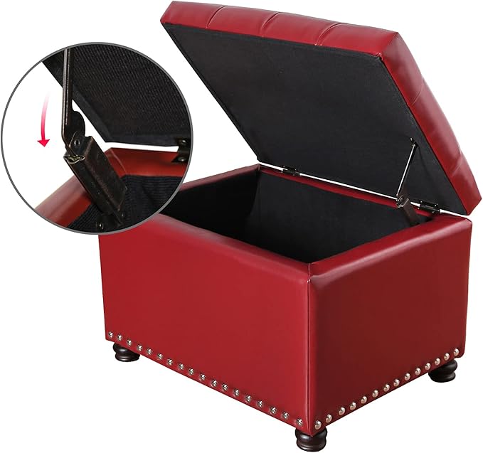 24'' Leather Storage Ottoman Rectangular Foot Rest Stool with Nailhead Trim for Bedroom Living Room(Red)-CasaMuseHome