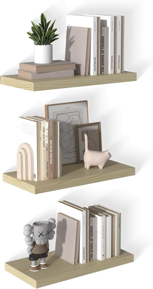 12 Inch Deep Floating Shelves for Wall 3 Pack Floating Shelves Large Storage Space Wall Mount Shelf for Living Room Kitchen Bathroom 24" W x 12" D x 1.2" H Oak-CasaMuseHome