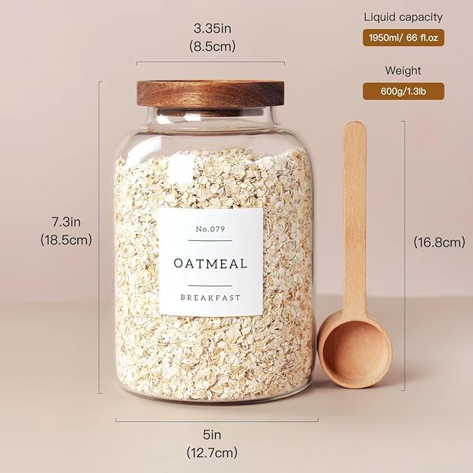 2 PCS Large Glass Jar with Airtight Lid, Glass Food Storage Jars for Tea,Spice,Cereal, Egg,Flour,Coffee and More(70 FL OZ/2000 ml)-CasaMuseHome