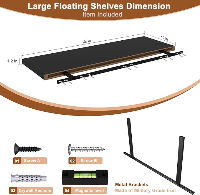 40 Inch Floating Shelf 3 Pack Large Floating Shelves for Wall No Drilling Accessories Included Deep Wall Shelves for Living Room Kitchen Farmhouse 40" W x 12" D x 1.2" Black-CasaMuseHome