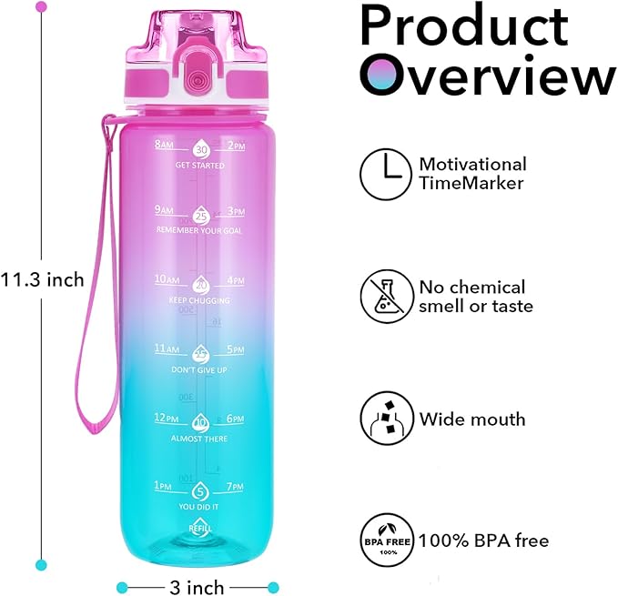 32oz Motivational Water Bottles with Time Marker & Fruit Strainer, Transparent Gradient Color Water Bottle with Times to Drink, Leakproof & BPA Free, Reusable Bottle with Strap (No Straw)-CasaMuseHome