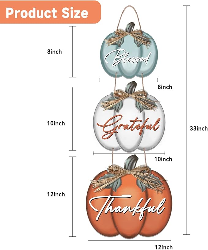 3 Pieces Pumpkin Decor Grateful Thankful Blessed Wall Signs,Rustic Hanging Welcome Door Sign for Autumn Harvest Thanksgiving Halloween Door Wall Decoration Indoor Outdoor Fall Decor for Home-CasaMuseHome