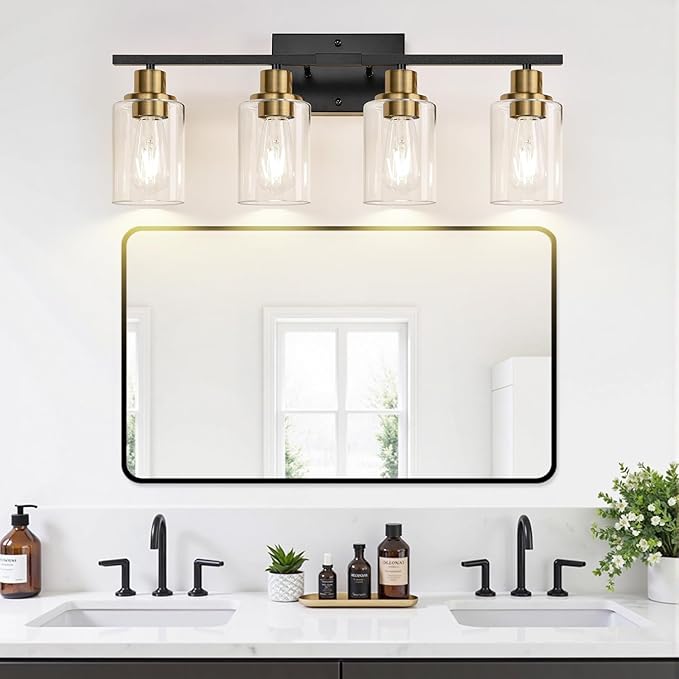 4-Light Bathroom Light Fixtures, Black and Gold Modern Vanity Lights with Clear Glass Shades, Bathroom Wall Lamp for Mirror Living Room Cabinet Bedroom Porch-CasaMuseHome