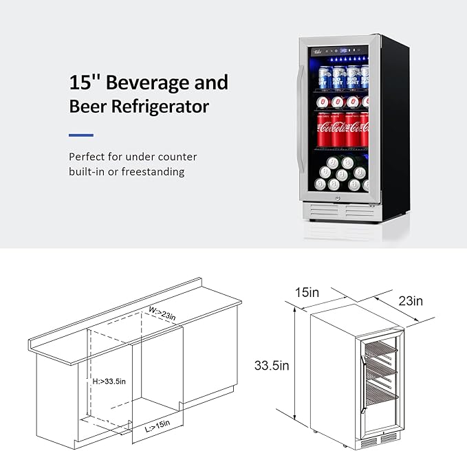 15'' Beverage Refrigerator and Beer Fridge Under Counter Built-in or Freestanding,127 Cans Beverage Cooler with Glass Door and Lock for Bottles and Cans Beer/Soda/Water/Wine-CasaMuseHome