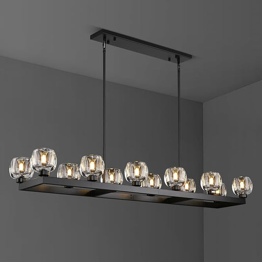 59 Inch Black Rectangle Wagon Wheel Chandeliers, Black Chandelier for Dining Room Over Table, Modern Crystal Long Chandelier, Farmhouse Large Linear Chandeliers for Kitchen Island-CasaMuseHome