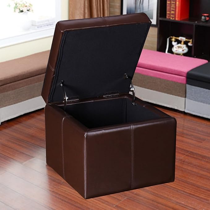Adeco 17.7" Leather Cube Storage Brown Ottomans for Living Room-CasaMuseHome