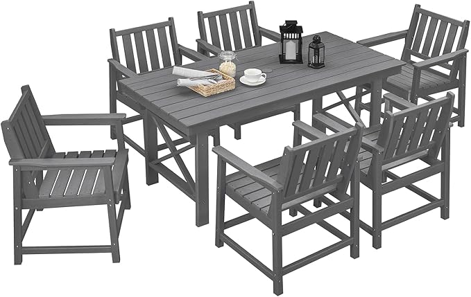 7 Pieces HDPE Outdoor Dining Set, Patio Dining Set with Umbrella Hole, All Weather Outdoor Dining Table Sets for 6, HDPE Patio Furniture Sets for Deck, Backyard, Lawn, and Poolside, Smoke Gray-CasaMuseHome