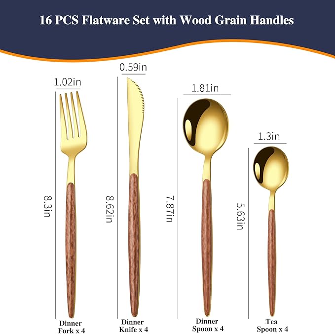 16 Pcs Gold Silverware Set with Simulated Wooden Handle for 4,Stainless Steel Cutlery Set,Mirror Polished Tableware Utensils Flatware Set,Include Knives Spoons and Forks set,Dishwasher Safe-CasaMuseHome