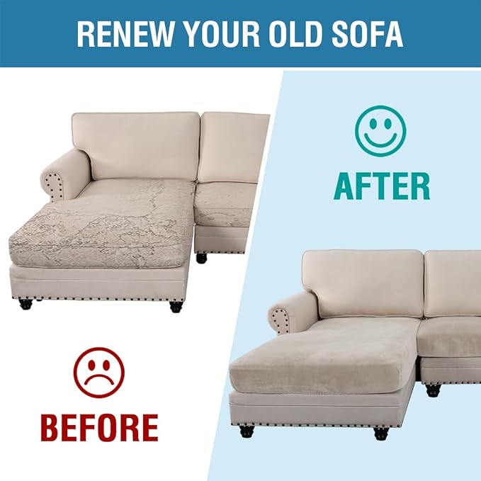 H.VERSAILTEX Velvet Stretch 3-Piece L Shape Sectional Couch Covers (Large 2 Seater + 1 Chaise, Oatmeal)-CasaMuseHome