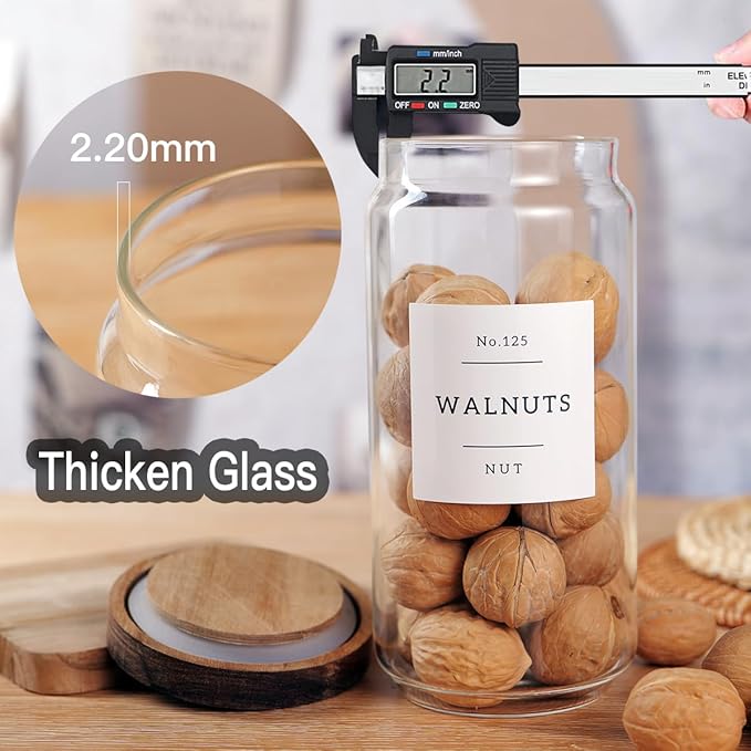 5 Set Glass Pantry Storage Jars with Acacia Airtight Lid - Thicken Glass Kitchen Canisters with 132 Pantry Labels - Clear Glass Food Storage Containers with Wood Lid for Tea,Sugar,Candy,Cookie,Pasta-CasaMuseHome