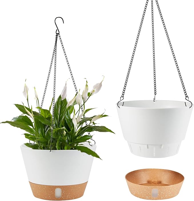 2 Pack 10 Inch Hanging Planters for Indoor Outdoor Plants, Hanging Plant Flower Pot Basket with Drainage Hole with Removable Tray&Hooks Self Watering Plant Pot for Hanging Plants, White-CasaMuseHome