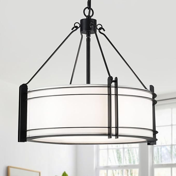 16.3''Black Drum Chandelier 3-Light Modern Farmhouse Chandelier with White Fabric Shade Adjustable Drum Pendant Light Fixture for Dining Room Kitchen Island Hallway Living Bedroom-CasaMuseHome