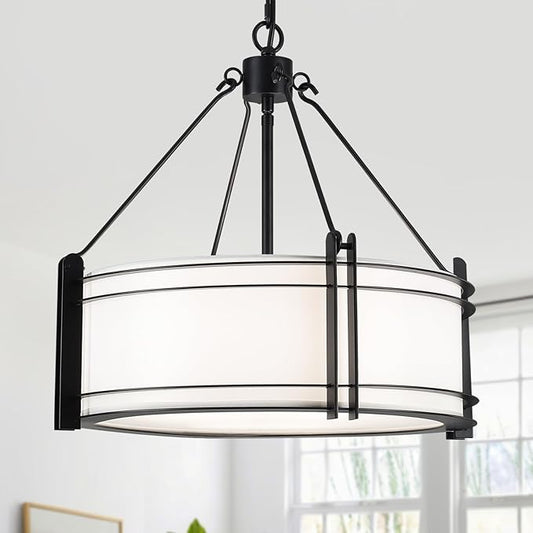 16.3''Black Drum Chandelier 3-Light Modern Farmhouse Chandelier with White Fabric Shade Adjustable Drum Pendant Light Fixture for Dining Room Kitchen Island Hallway Living Bedroom-CasaMuseHome