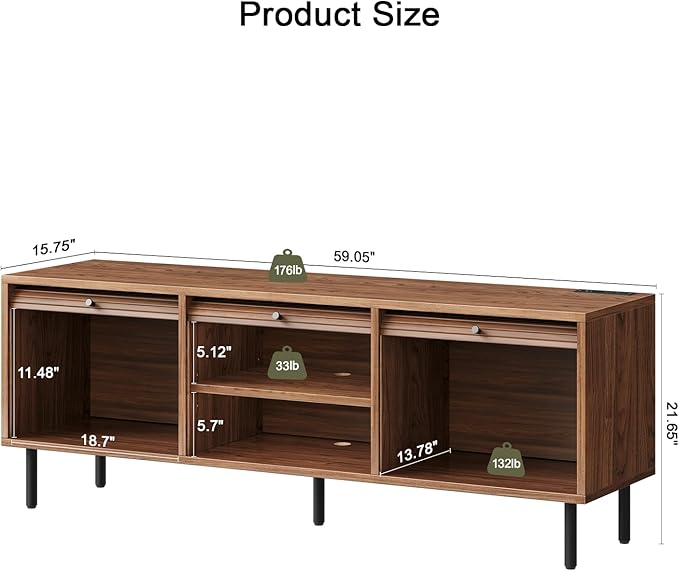 59 Inch TV Stand with Power Outlet for TVs up to 65 Inch, Entertainment Center with Storage, Mid-Century Modern TV Console, Adjustable Shelf & Sliding Doors, TV Stand for Living Room, Bedroom, Walnut-CasaMuseHome
