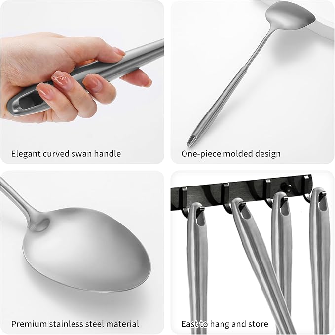 304 Stainlss Steel Kitchen Utensils Set, 12 Pcs Long Metal Cooking Utensil Gadgets Tools Set with Spatula, Ladle, Spoon, Ladle, Skimmer, Tunner, Pasta Server, Tongs(Silver, Dishwasher Safe)-CasaMuseHome