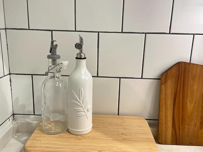 20 Oz Ceramic Olive Oil Dispenser Bottle, with Stainless Steel Spout & Funnel, Ideal for Oil, Vinegar, Coffee Syrup & Liquids (White)-CasaMuseHome