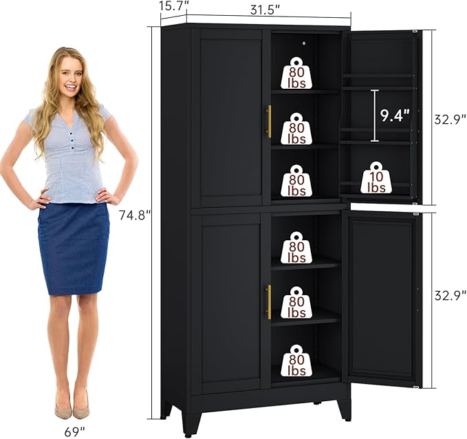 75" H Metal Storage Cabinet, Pantry with 6 Door Shelves and 4 Adjustable Shelves, Leveling Foot for Kitchen, Living Room and Dinning Room, Black-CasaMuseHome