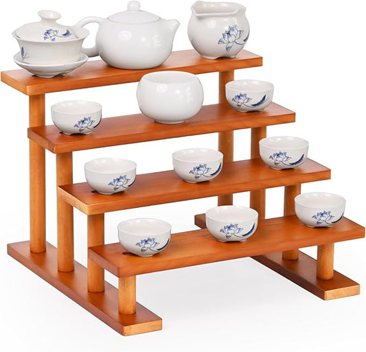 4 Tier Wooden Display Riser Stand Perfume Organizer, Dessert Table Display Set, Solid Wood Food Display Stands for Party, Bamboo Rustic Solid Wood Shelf for Cupcakes, Perfume, Cologne, Spiece-CasaMuseHome