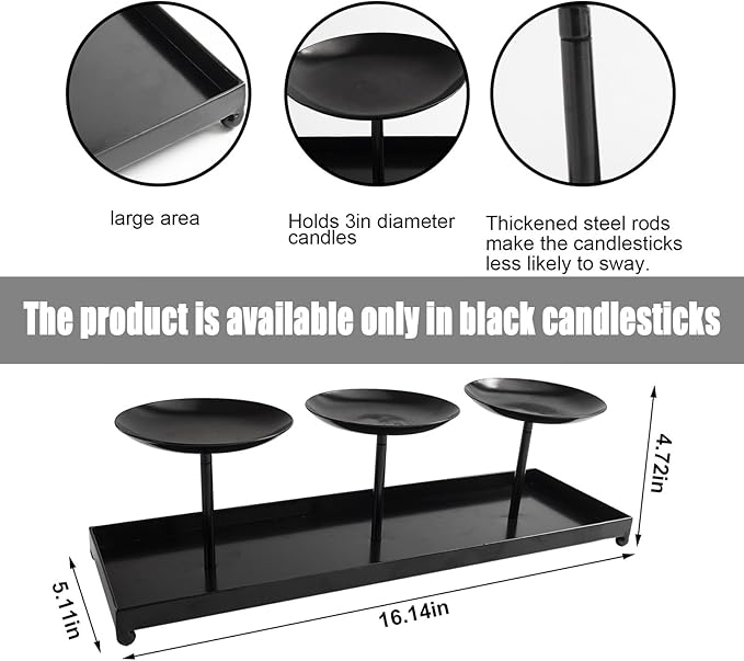 3 Pillar Black Metal Candle Holders for Table Centerpiece, Fall Thanksgiving & Halloween Dining Table, Fireplace Mantel Decor, Tray Candlestick for Living Room Rustic Decorations-CasaMuseHome