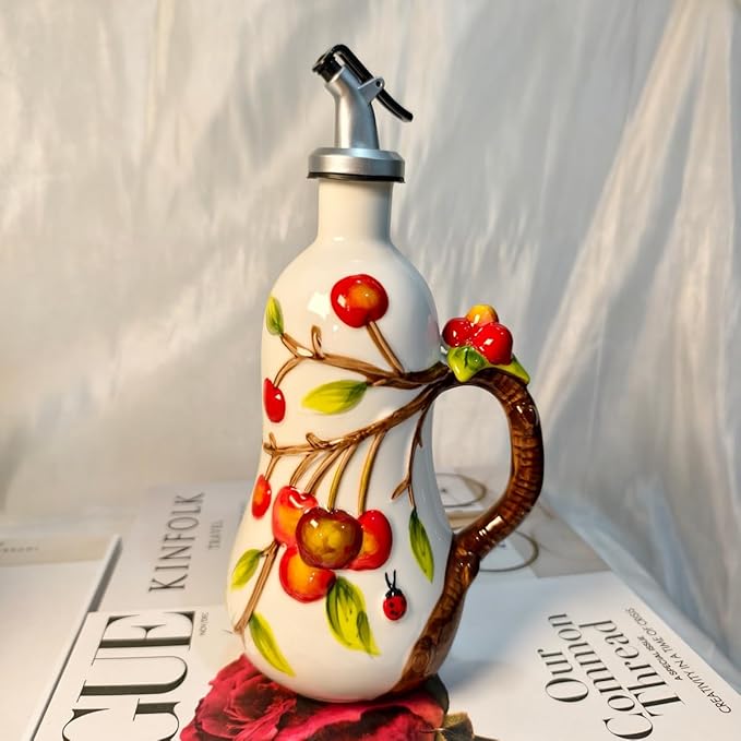 18 Oz Hand Painted Relief Ceramic Olive Oil Bottle Dispenser for Kitchen, Oil and Vinegar Bottle, Seasoning Bottle with Stainless Steel Nozzle, 540mL Oil Container with Handle for Cooking, Light Proof-CasaMuseHome