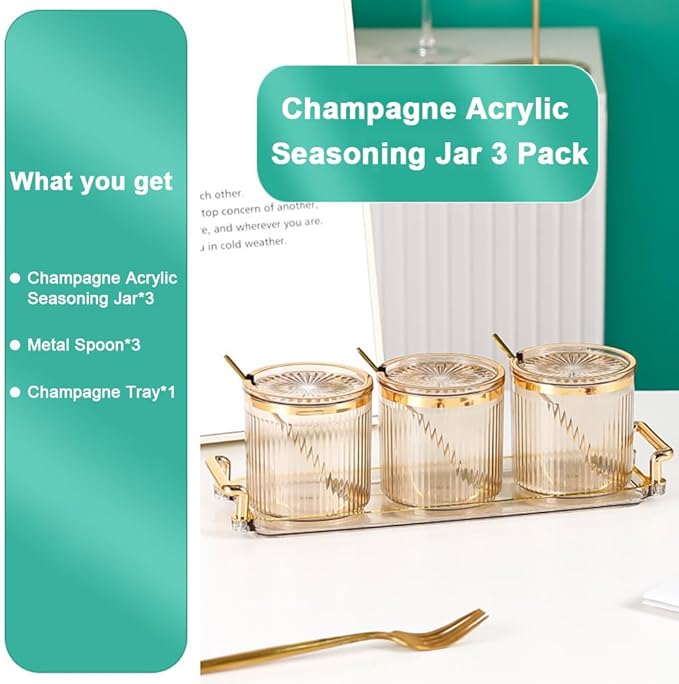 Acrylic Condiment Spice Jars,Condiment Spice Box With Lids and Spoons and Tray,Clear Plastic Sugar Salt Canisters,Seasoning Box 3 Pack,Seasoning Box Set for Kitchen to Storage Salt,Paprika,Sugar-CasaMuseHome