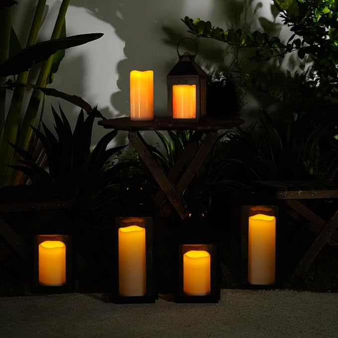 5plots 4" x 8" Single Waterproof Outdoor Flameless Candles, Battery Operated Flickering LED Pillar Candles with Remote and Timers for Indoor Outdoor Lanterns, Long Lasting, Large-CasaMuseHome