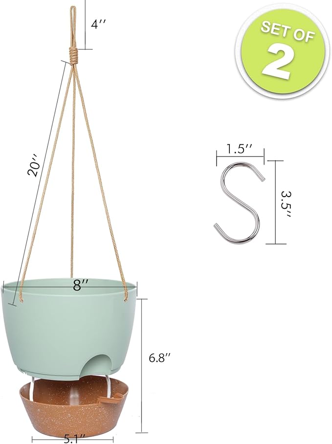 8 inch Hanging Planters, 2 Pack Self Watering Hanging Pots with 20oZ Deep Reservoir for Indoor Outdoor Plants Flowers, Green with Brown-CasaMuseHome