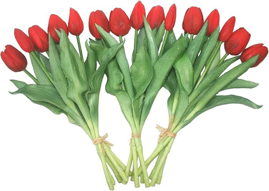 15pcs Artificial Tulips Flowers, Fake Tulips Real Touch, Faux Latex Bouquets, for Party Wedding Home Room Decoration (Red)-CasaMuseHome