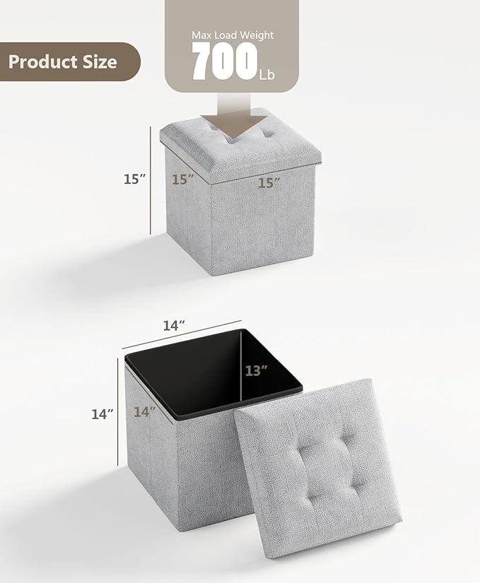15 Inches Small Folding Storage Ottoman Cube, Storage Footrest, Foot Rest Stool, for Living Room, Bedroom, Dorm, Hallway, Entryway, Light Gray-CasaMuseHome