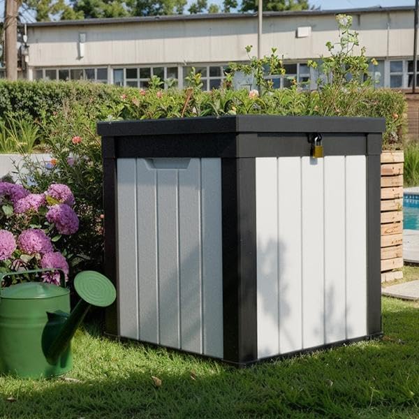 50-Gallon Outdoor Deck Box,Storage Lockable Waterproof Patio Furniture,Garden Tools,Cushions,Pool Accessories Outside Storage Resin Box(Black and White)-CasaMuseHome