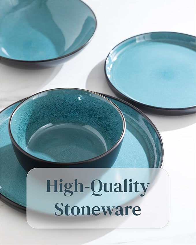 24 Piece Dinnerware Sets for 8 - Modern Style Stoneware Dinnerware Set - Scratch Resistant, Dishwasher Safe Plates and Bowls Sets Ceramic, Dish Set, Bowl and Plate Set - Black and Petrol Blue…-CasaMuseHome