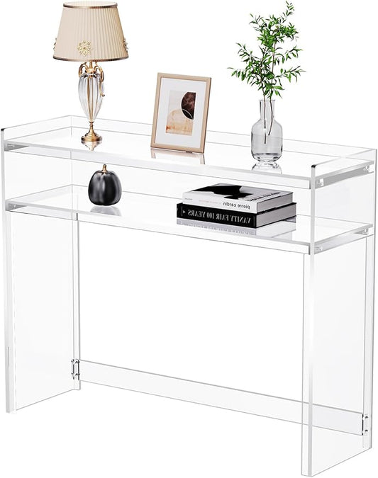 Acrylic Console Table, Entryway Table with Storage Shelves (1, 39.4 * 31.5 * 11.7) (Clear)-CasaMuseHome