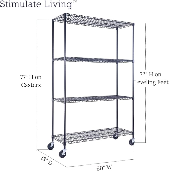 60"x18"x72" Prime Heavy Duty Black 4-Tier Wire Shelving NSF 3200 LBS MAX Capacity Storage Rack for Commercial, Hospital, School, Garage, and Kitchen Uses (with Wheels)-CasaMuseHome