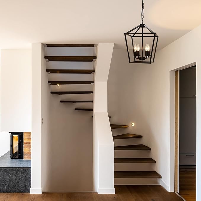 4-Light Lantern Pendant Light,Modern Industrial Black Cage Farmhouse Chandelier for Kitchen Island,12'' Rustic Metal Hanging Lighting Fixture for Dining Room Bedroom Foyer Entry Porch-CasaMuseHome