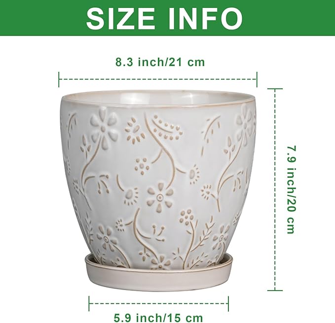 8 Inch Ceramic Pots for Plants Large Planter Pot with Drainage Hole and Saucer Round Flower Pot for Indoor Outdoor Decor, White-CasaMuseHome