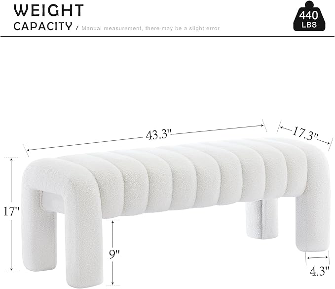 43.3" Bedroom Bench, Upholstered Entryway Bench, Modern End of Bed Ottoman with Solid Wood Legs and Adjustable Foot Pegs for Entryway, Dining Room and Living Room (White Teddy)-CasaMuseHome