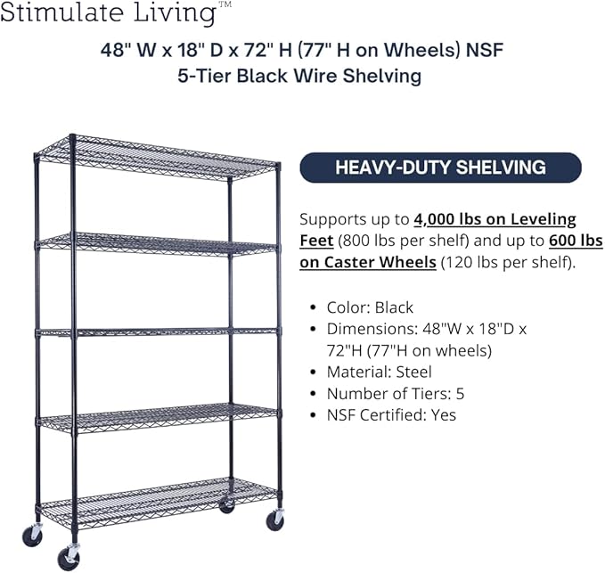 48"x18"x72" PRIME HEAVY DUTY Black 5-Tier Wire Shelving NSF 4000 LBS MAX Capacity Storage Rack for Commercial, School, Home, Garage, Warehouse, Industrial, and Hospital Uses (with Wheels)-CasaMuseHome
