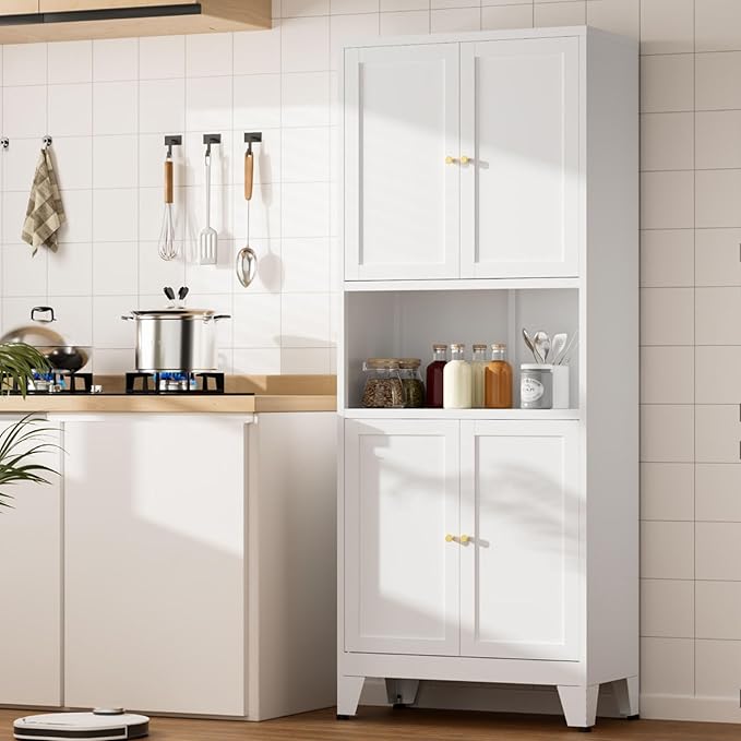 69" Tall Kitchen Pantry Cabinet, Metal Storage Cabinet with 4 Doors and Adjustbale Shelves, Freestanding Cupboards for Dining Room, Living Room, Bathroom-CasaMuseHome