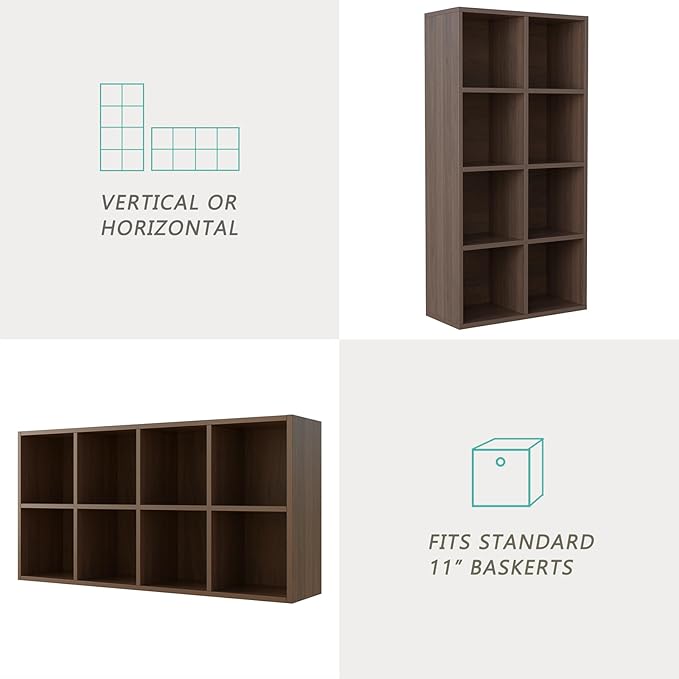 8-Cube Storage Shelf Bookcase - Wooden 4-Tier Floor Standing Open Bookshelf for Home and Office, Cuby Orgainzer, Walnut-CasaMuseHome