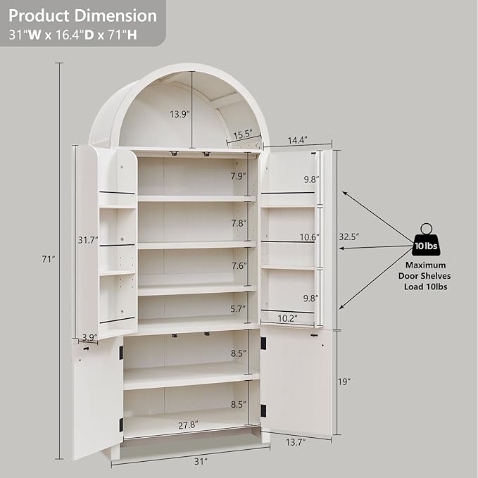 71" Tall Arched Bathroom Storage Cabinet, Modern Fluted Storage Cabinet w/Doors, 3 Adjustable Shelves, 6 Door Shelves, Wood Freestanding Cabinet for Bathroom, Entryway, Hallway, Antique White-CasaMuseHome