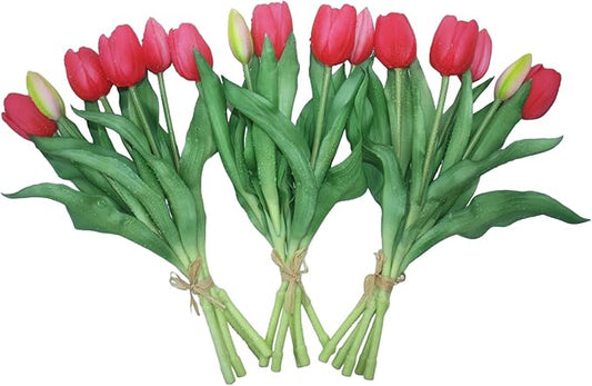 15pcs Artificial Tulips Flowers, Fake Tulips Real Touch, Faux Latex Bouquets, for Party Wedding Home Room Decoration (Rose Red)-CasaMuseHome